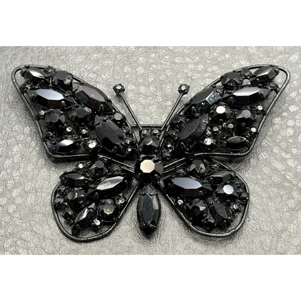 Vintage Large Black Rhinestone Butterfly Japanned Metal Brooch Pin